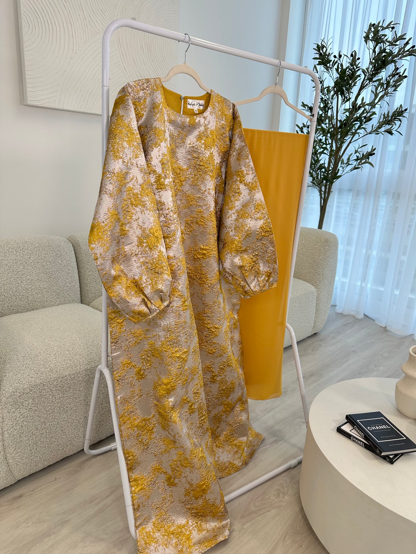 Mustard Gold and Champagne Beige Jacquard Dress Set
