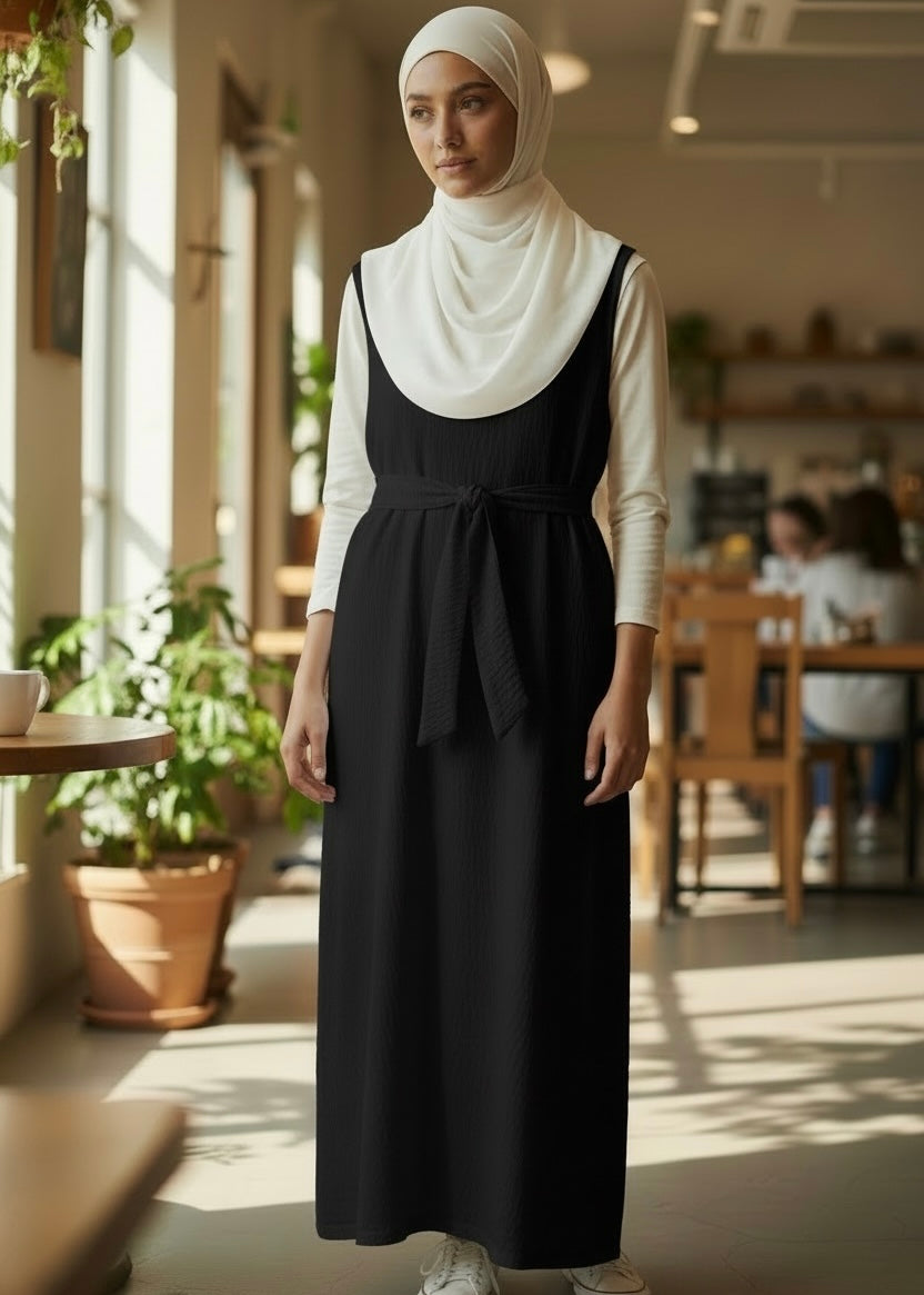 Black sleeveless crinkled dress