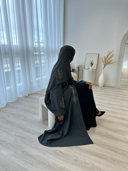 Luxury Grey Linen Handwork Embroidered Abaya Set