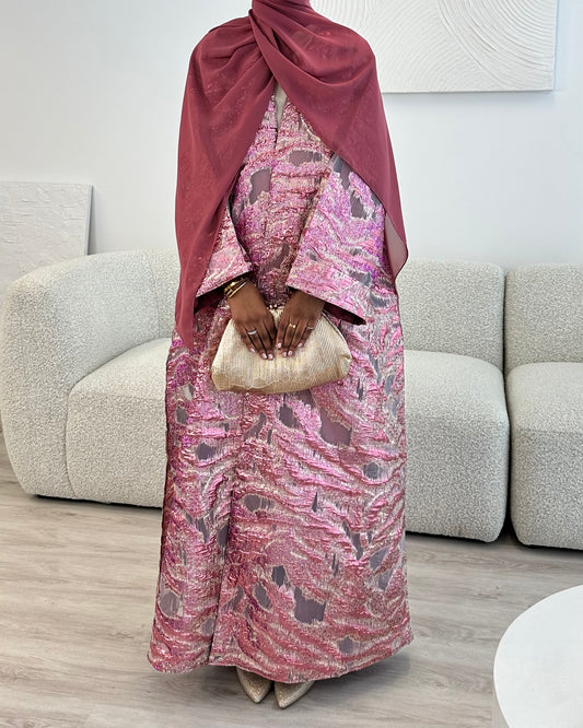 Luxury Jacquard Open Abaya with Coordinated Lining and Hijab