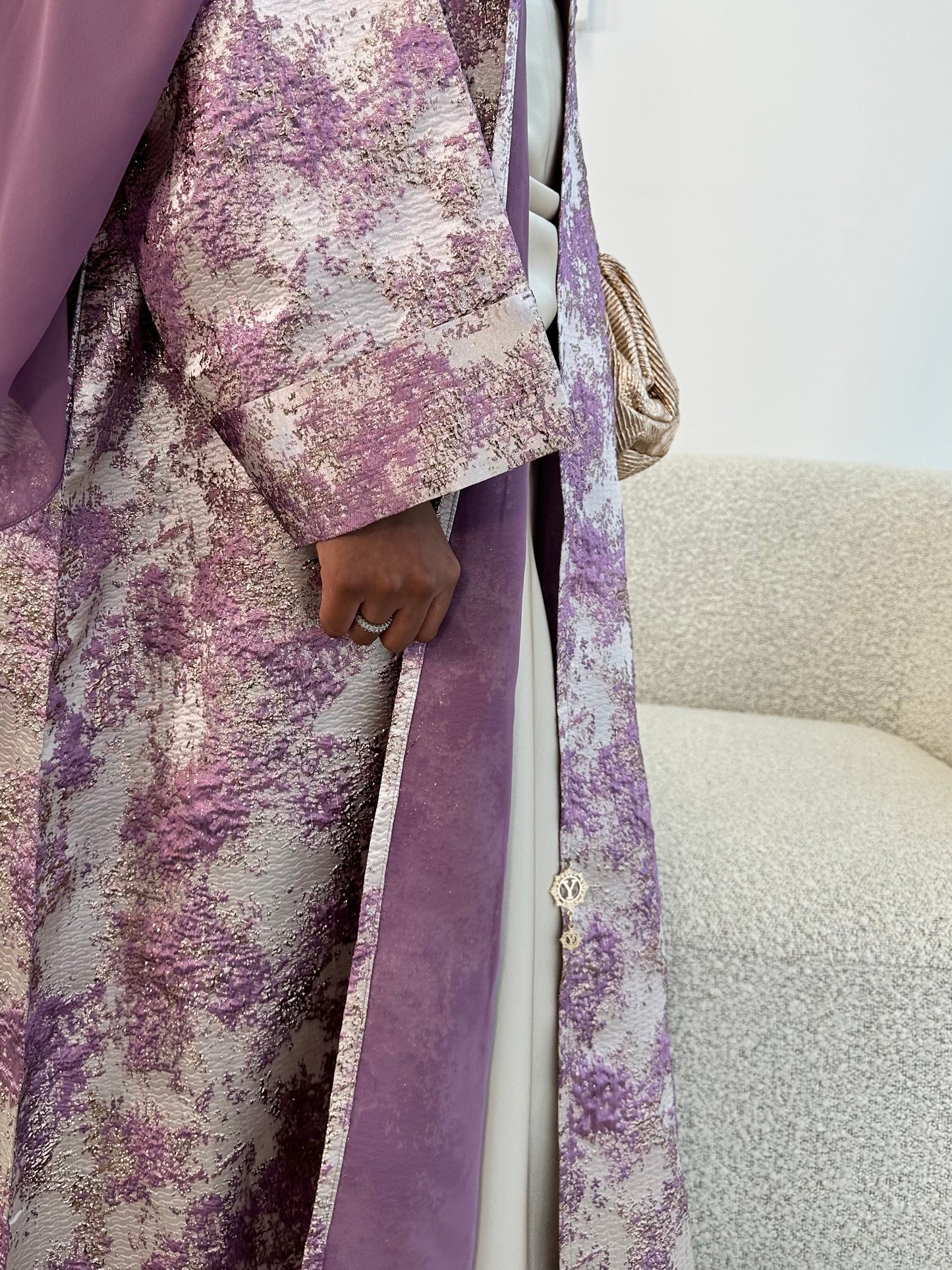 Soft Lilac and Champagne Beige Premium Jacquard Kimono Set