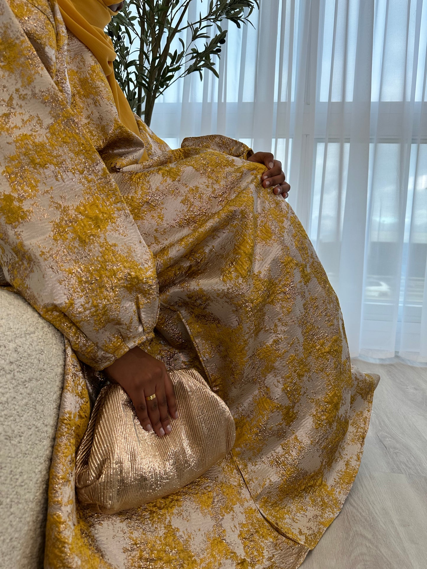 Mustard Gold and Champagne Beige Jacquard Dress Set