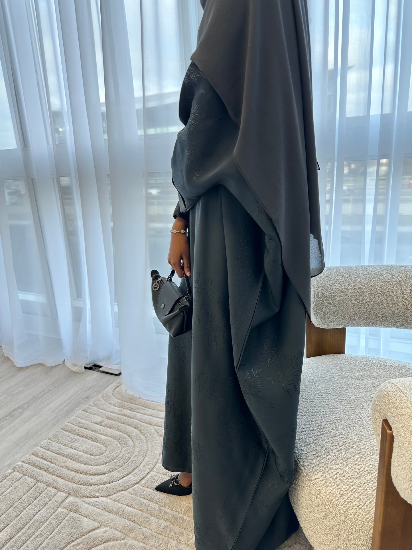 Midnight Teal Charcoal Jacquard Oversized Abaya