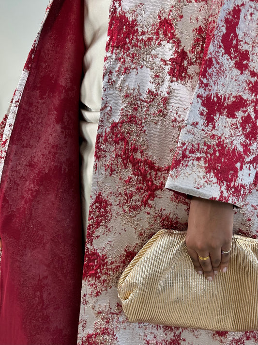 Burgundy and Champagne Premium Jacquard Abaya Set