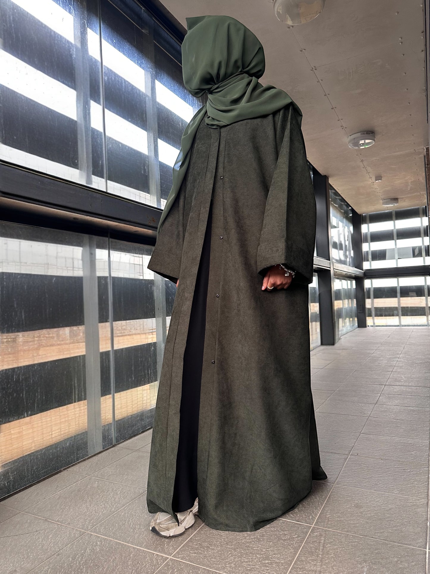 Olive Green Open Corduroy Abaya