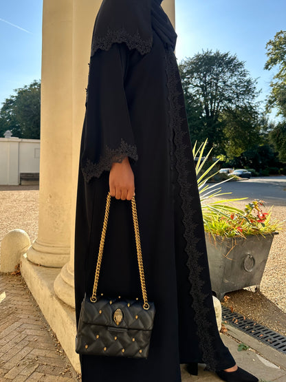 Black Embellished Lace Abaya Set