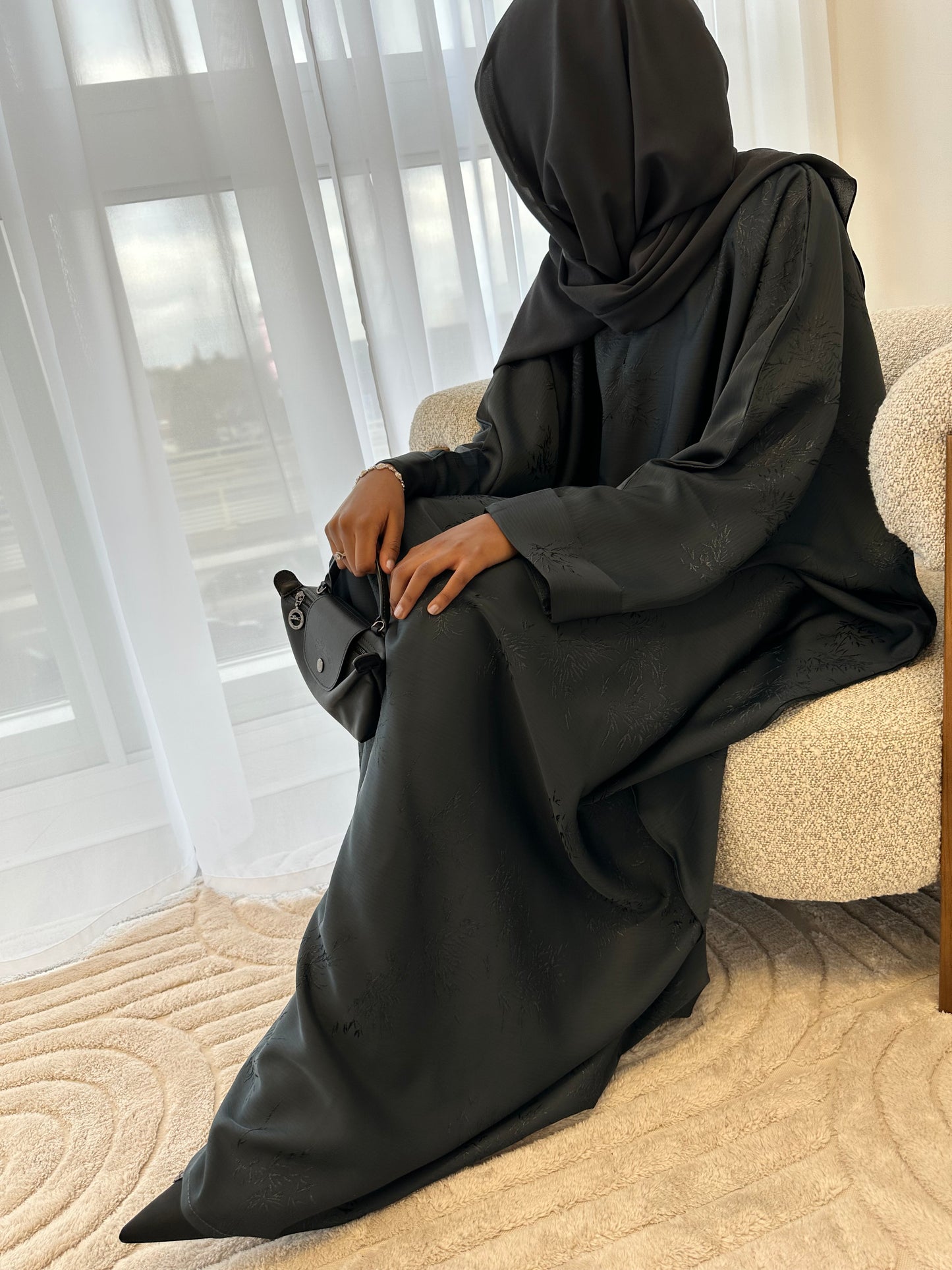 Midnight Teal Charcoal Jacquard Oversized Abaya