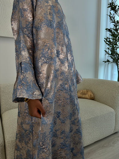 Dusty Blue and Champagne Beige Jacquard Dress Set