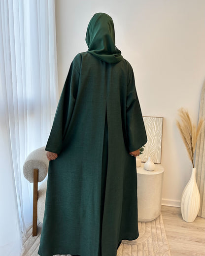 Bottle Green Linen Abaya Set