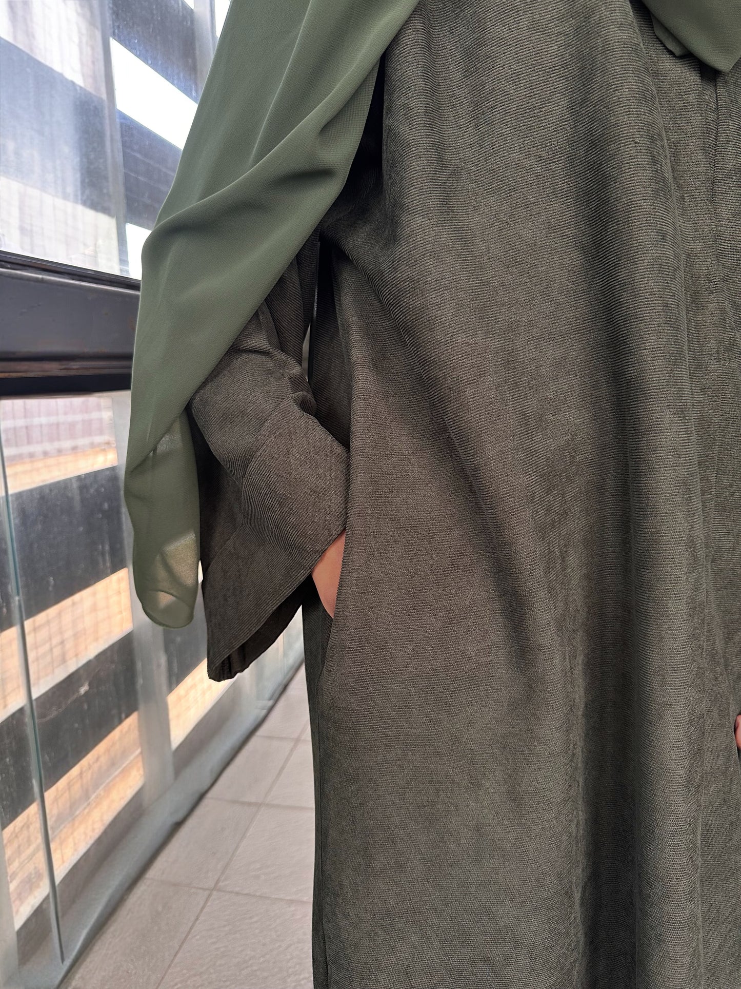 Olive Green Open Corduroy Abaya