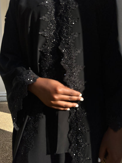 Black Embellished Lace Abaya Set