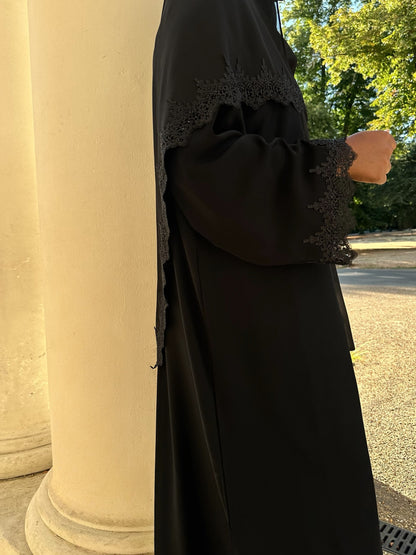 Black Embellished Lace Abaya Set