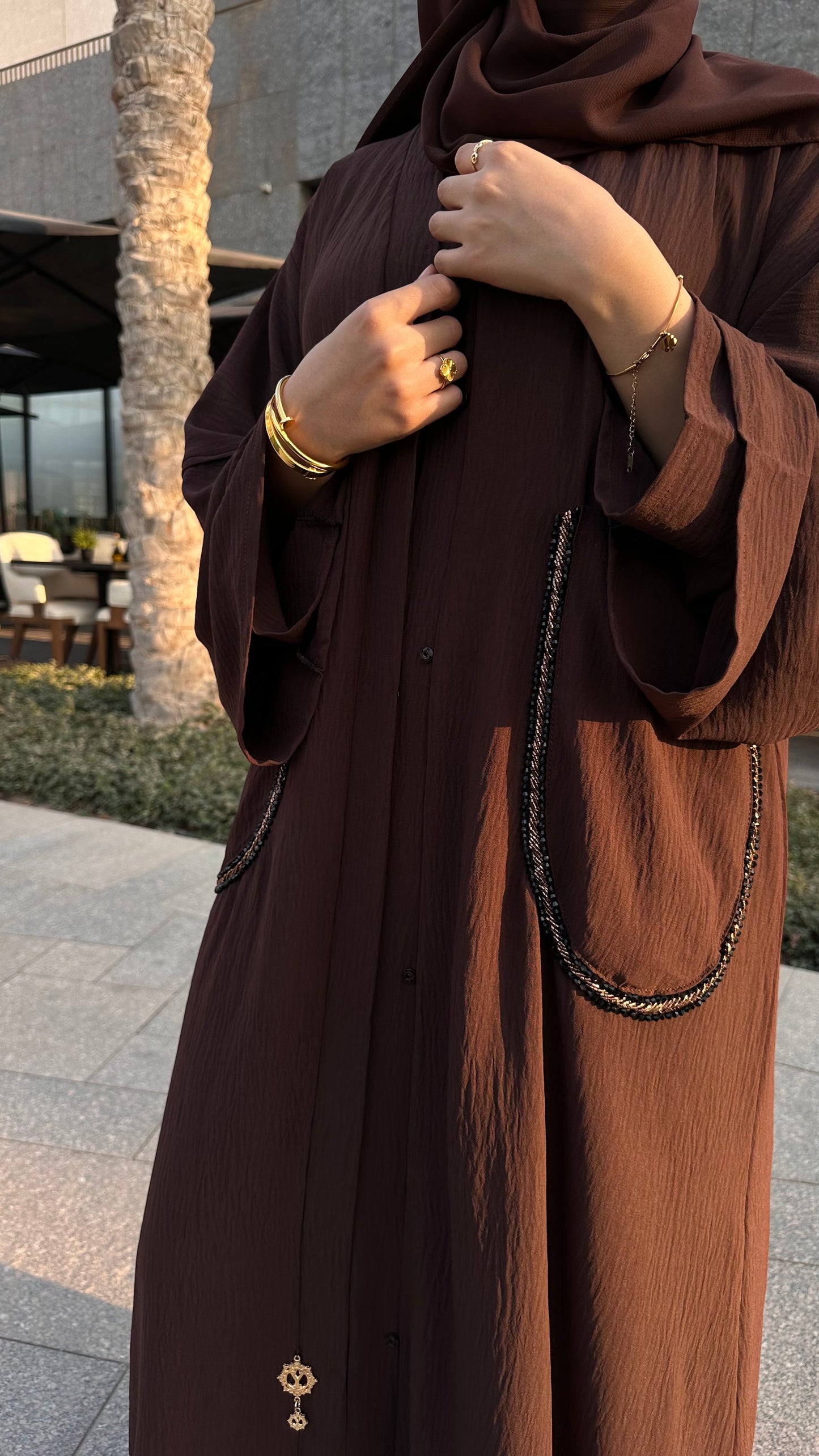 Brown Beads Luxe Abaya Set