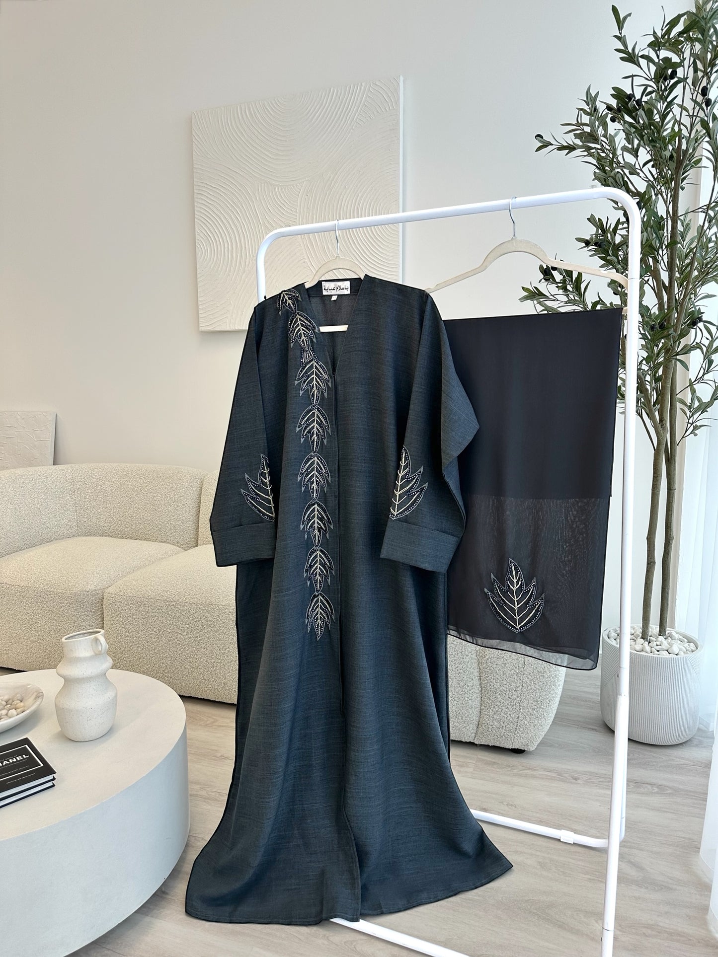 Luxury Grey Linen Handwork Embroidered Abaya Set