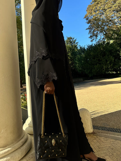 Black Embellished Lace Abaya Set