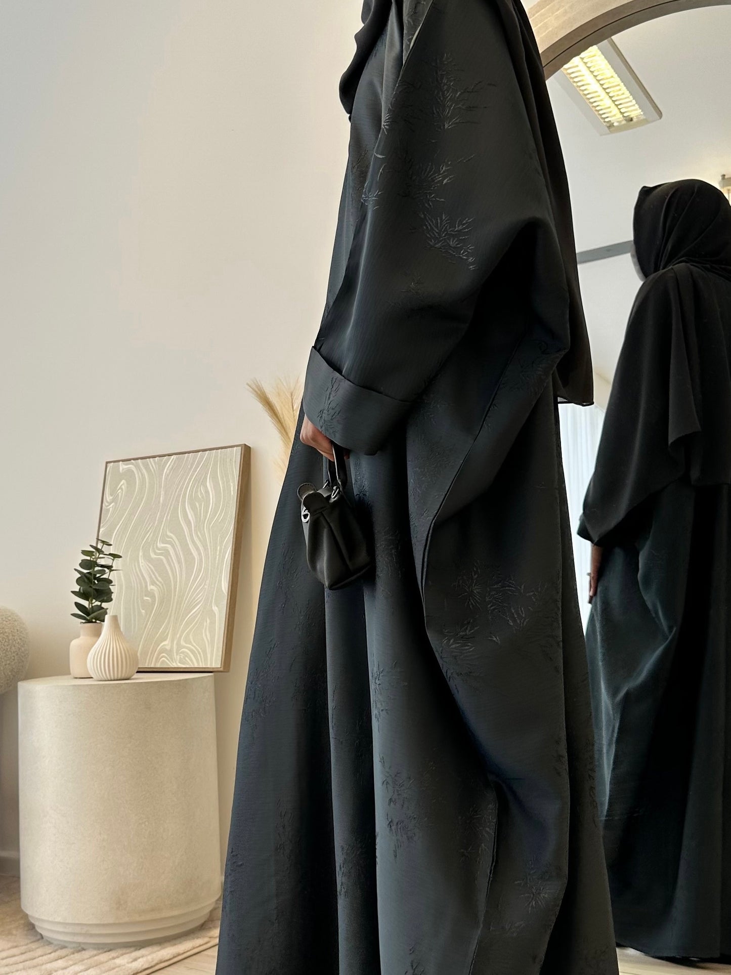 Midnight Teal Charcoal Jacquard Oversized Abaya