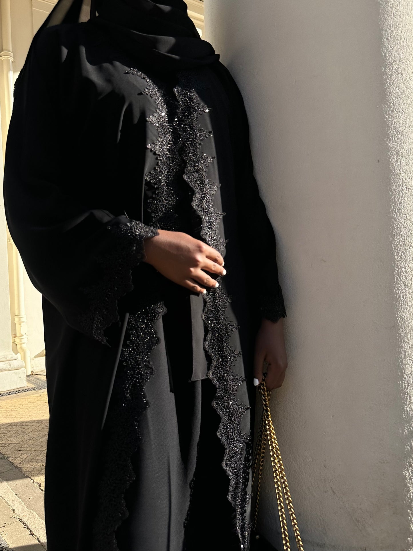 Black Embellished Lace Abaya Set