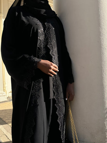 Black Embellished Lace Abaya Set