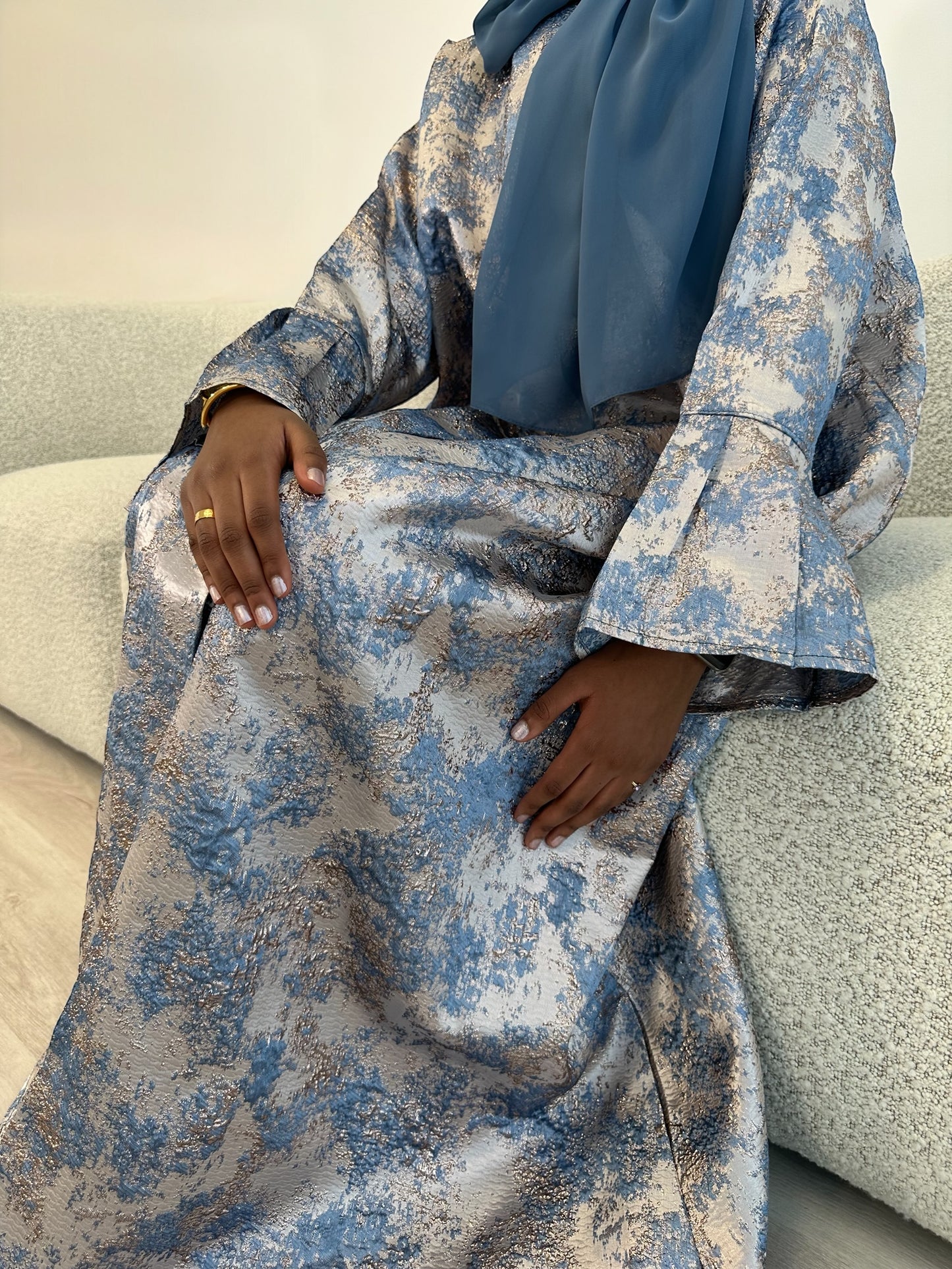 Dusty Blue and Champagne Beige Jacquard Dress Set