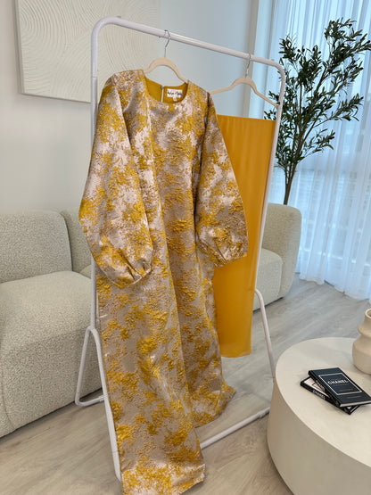 Mustard Gold and Champagne Beige Jacquard Dress Set