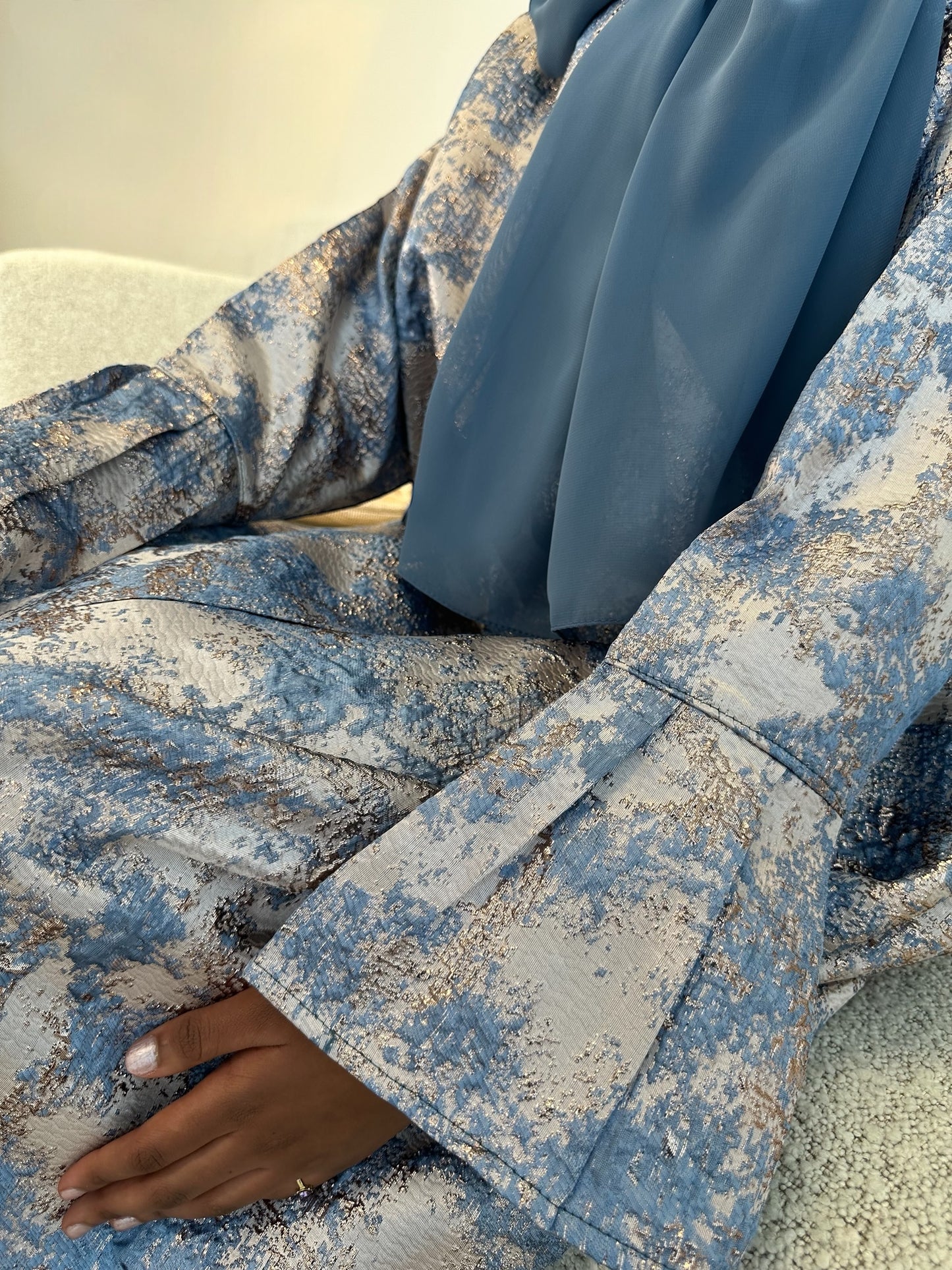 Dusty Blue and Champagne Beige Jacquard Dress Set