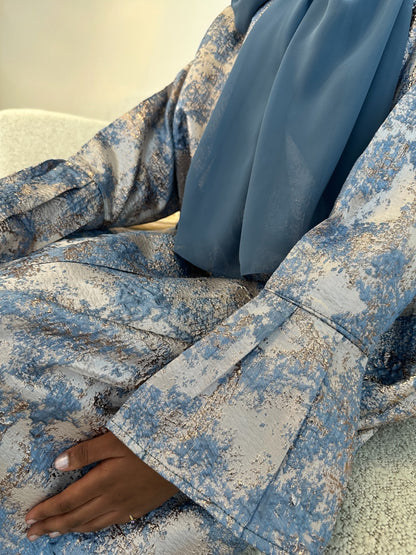 Dusty Blue and Champagne Beige Jacquard Dress Set