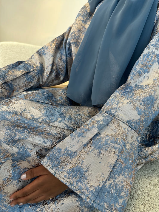 Dusty Blue and Champagne Beige Jacquard Dress Set