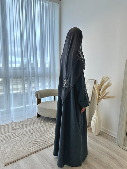 Luxury Grey Linen Handwork Embroidered Abaya Set