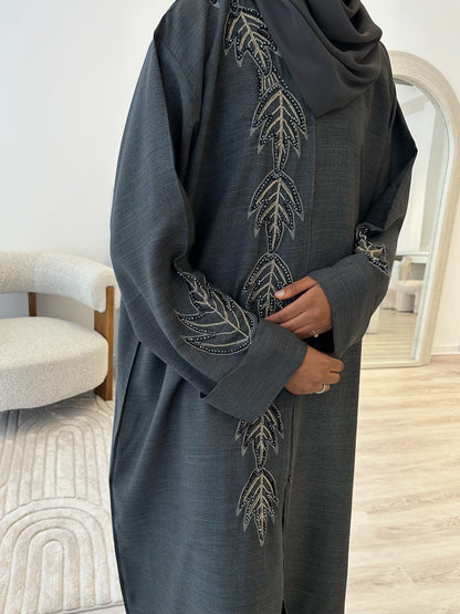 Luxury Grey Linen Handwork Embroidered Abaya Set