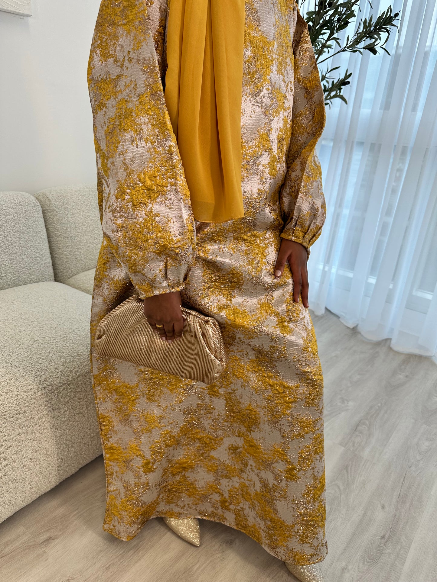 Mustard Gold and Champagne Beige Jacquard Dress Set