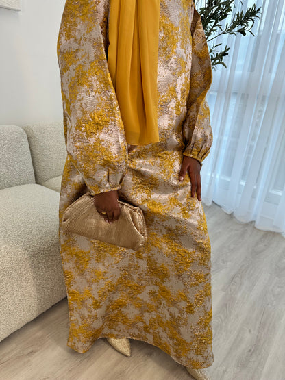 Mustard Gold and Champagne Beige Jacquard Dress Set