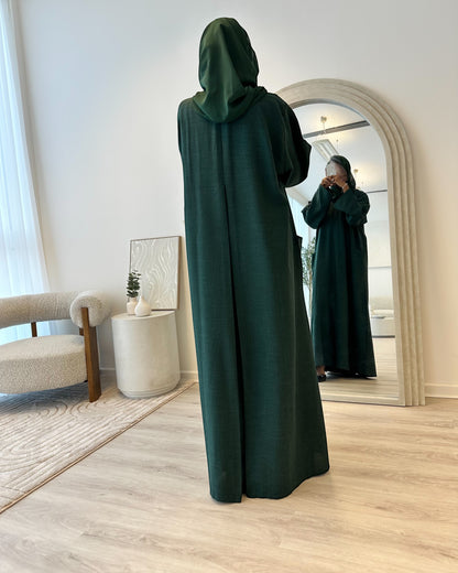 Bottle Green Linen Abaya Set