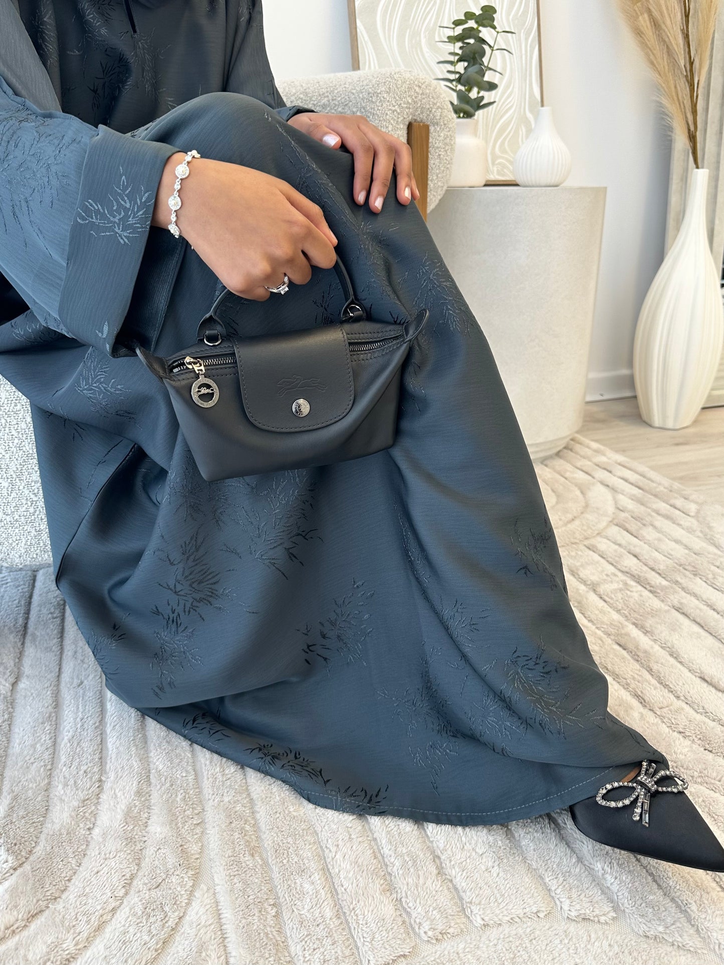 Midnight Teal Charcoal Jacquard Oversized Abaya