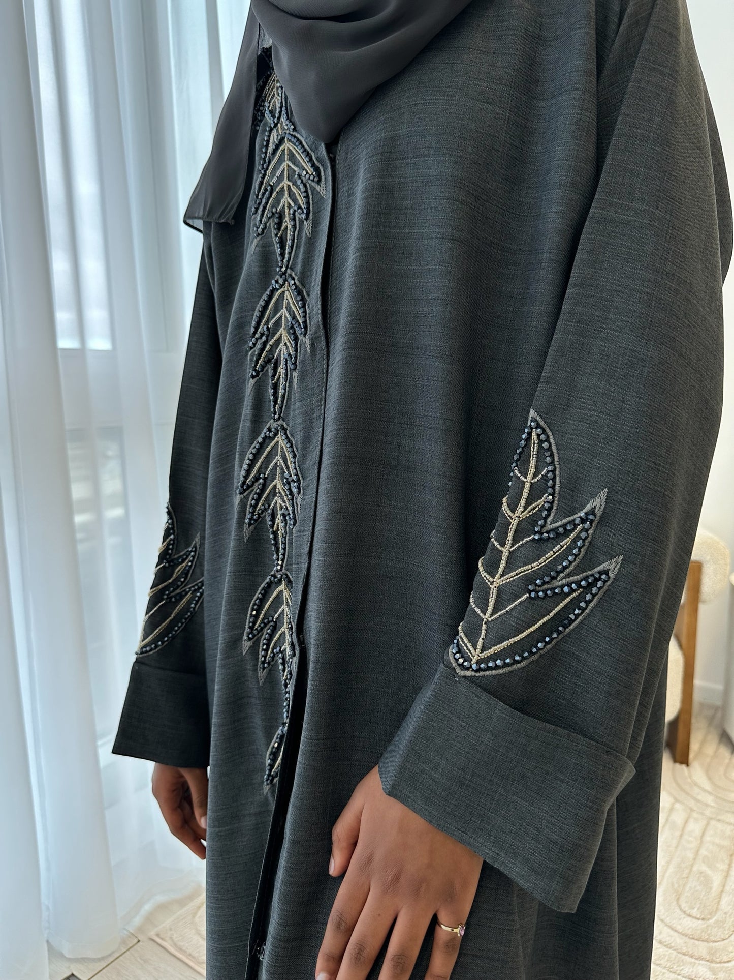 Luxury Grey Linen Handwork Embroidered Abaya Set