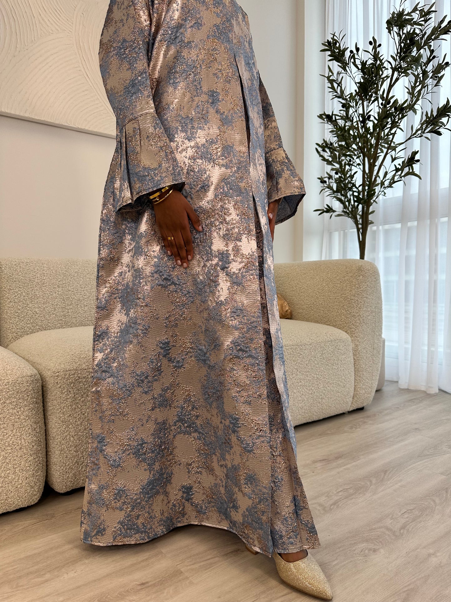 Dusty Blue and Champagne Beige Jacquard Dress Set