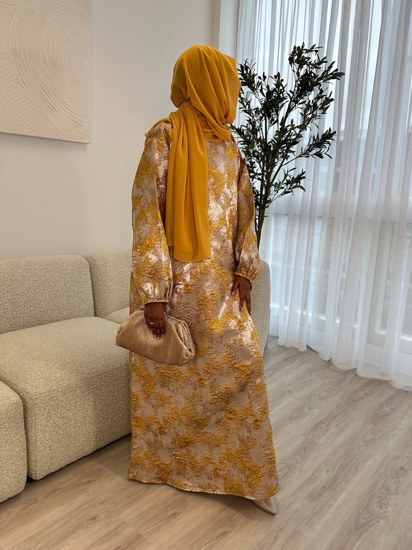 Mustard Gold and Champagne Beige Jacquard Dress Set