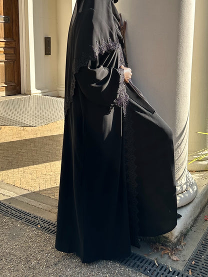 Black Embellished Lace Abaya Set