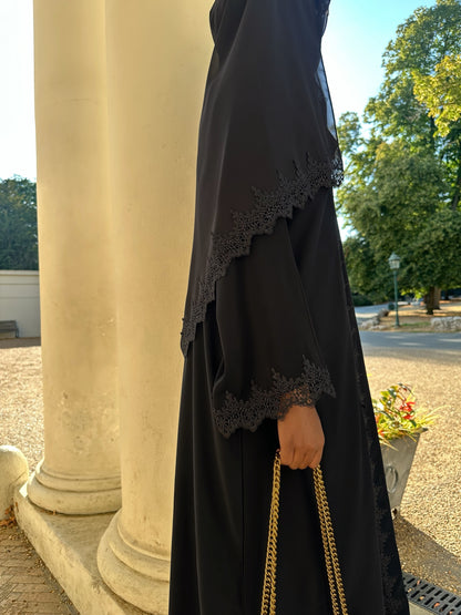 Black Embellished Lace Abaya Set