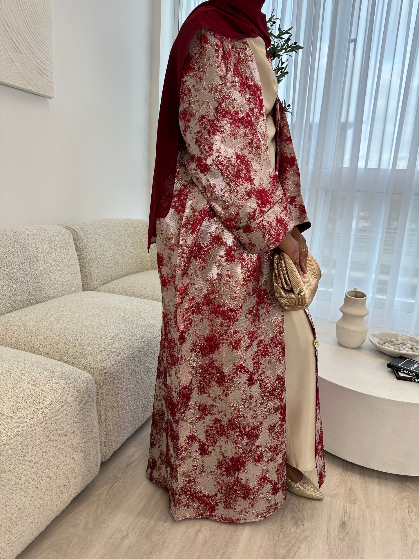 Burgundy and Champagne Premium Jacquard Kimono Set