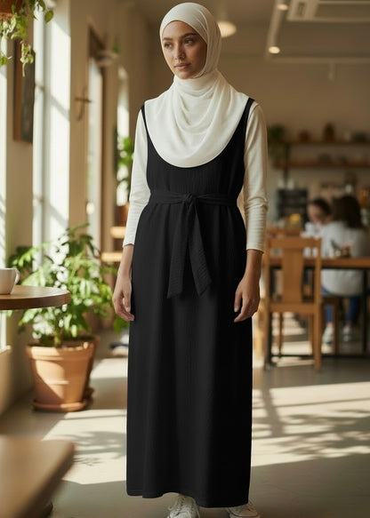 Black sleeveless crinkled dress