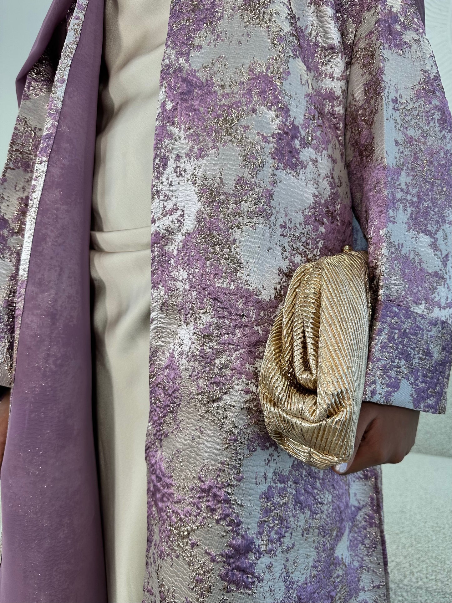 Soft Lilac and Champagne Beige Premium Jacquard Kimono Set