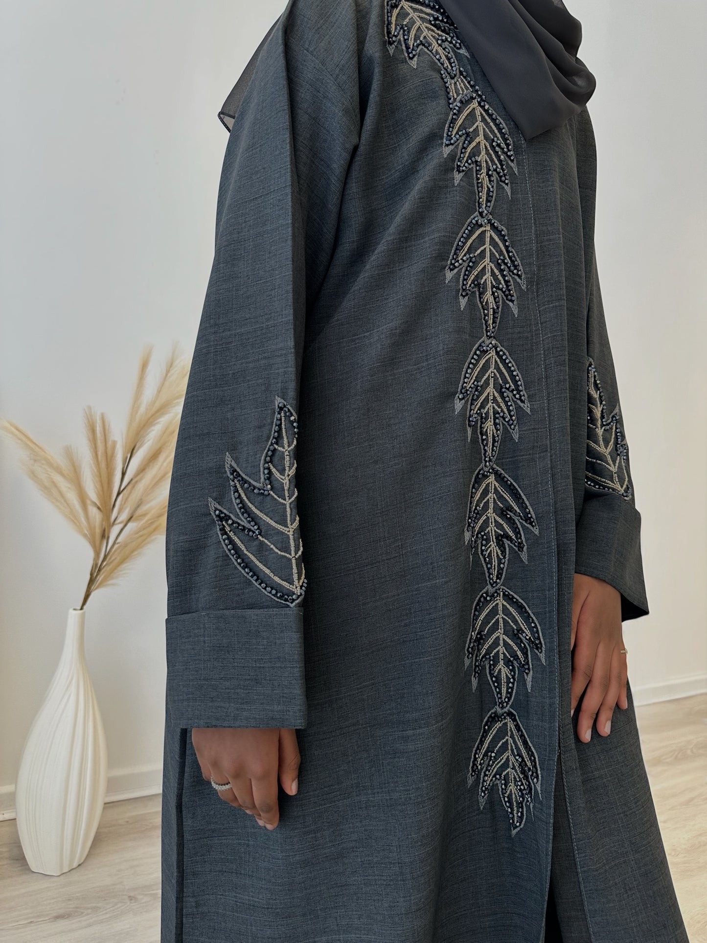 Luxury Grey Linen Handwork Embroidered Abaya Set