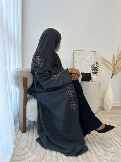 Luxury Grey Linen Handwork Embroidered Abaya Set