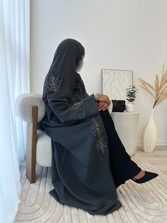 Luxury Grey Linen Handwork Embroidered Abaya Set