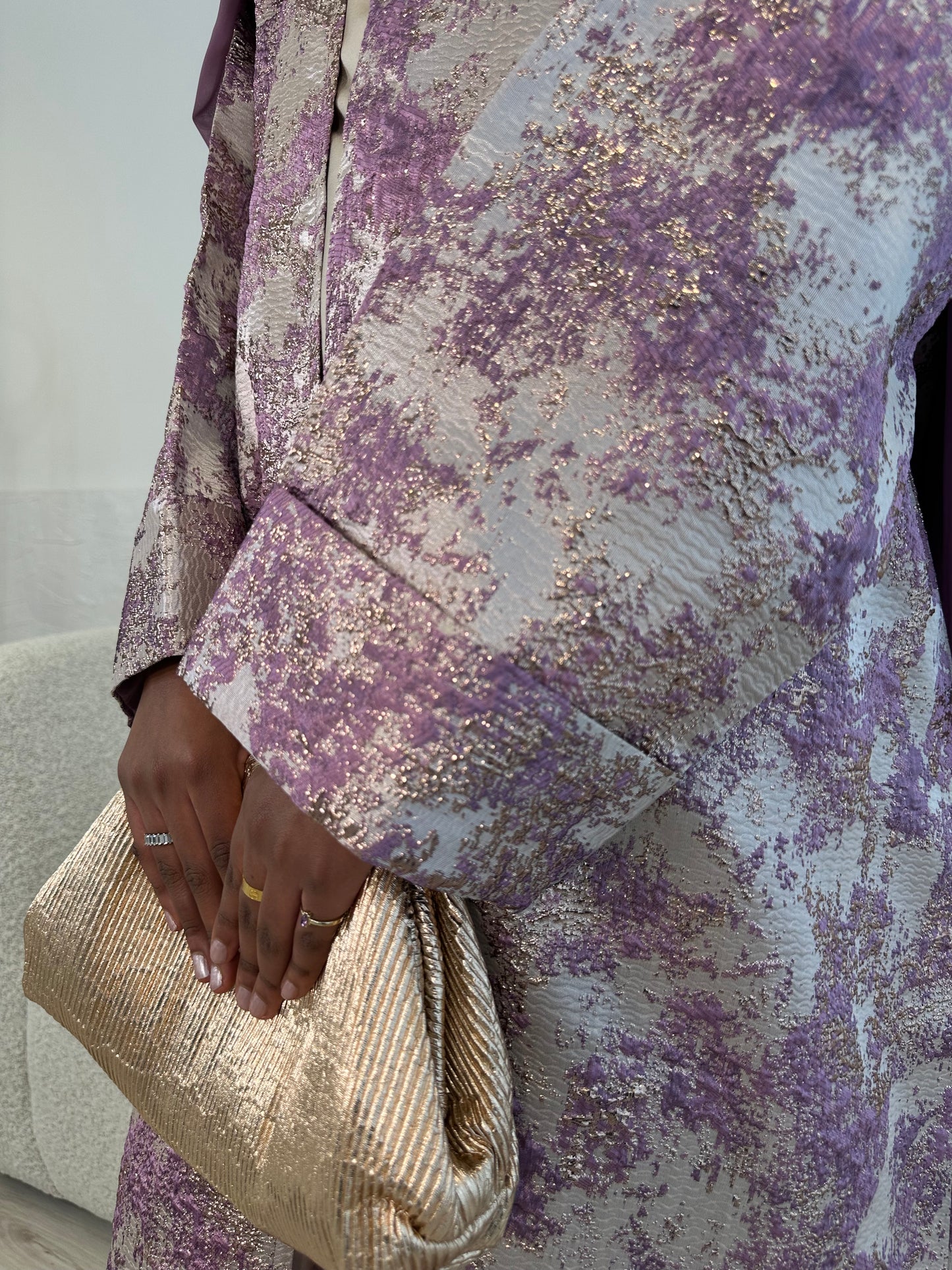 Soft Lilac and Champagne Beige Premium Jacquard Kimono Set