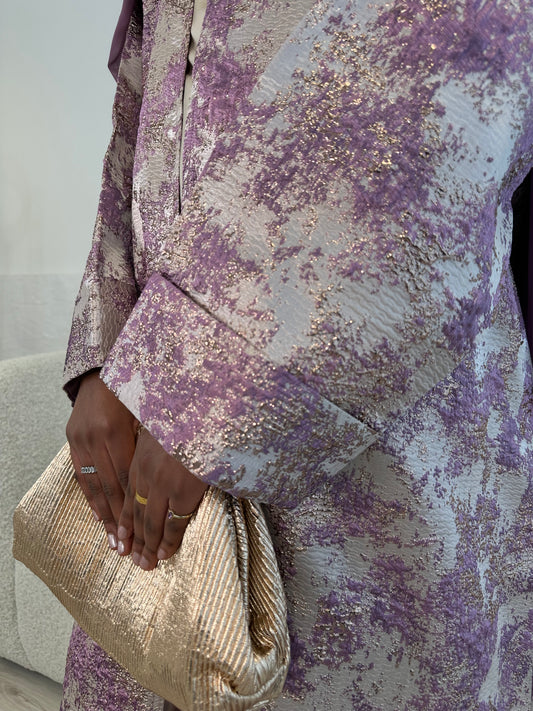 Soft Lilac and Champagne Beige Premium Jacquard Abaya Set