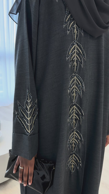 Luxury Grey Linen Handwork Embroidered Abaya Set